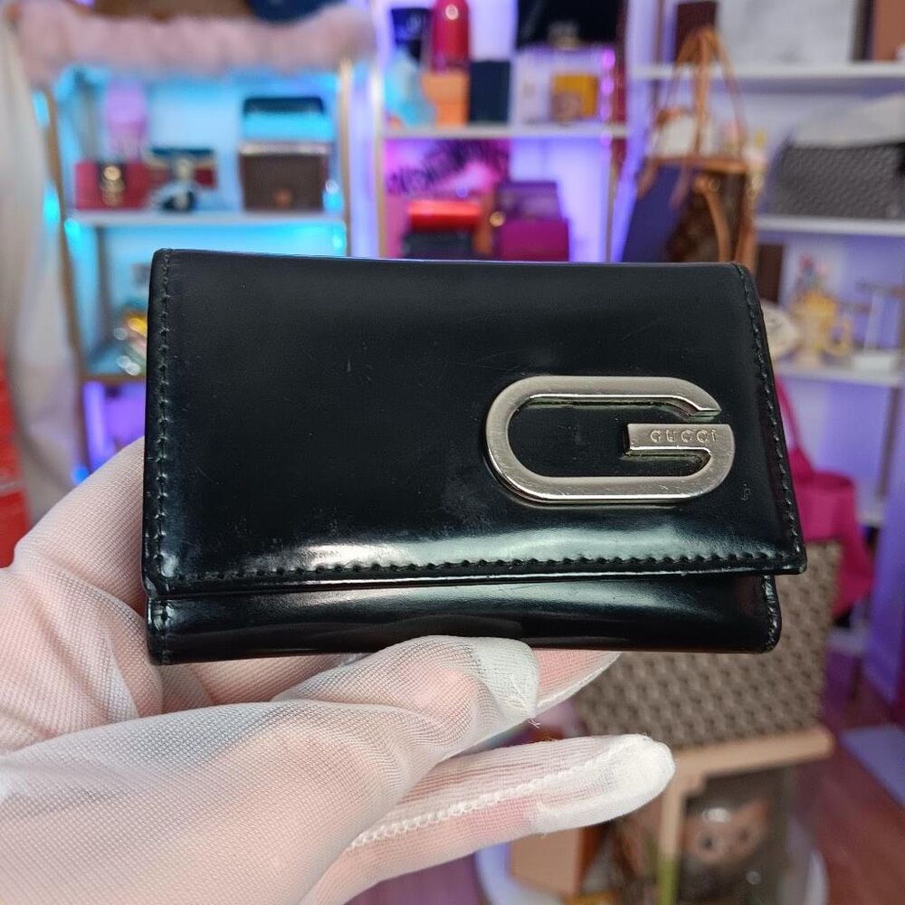 Gucci Black Leather Large G Silver Logo 6 Ring Key Case Pouch